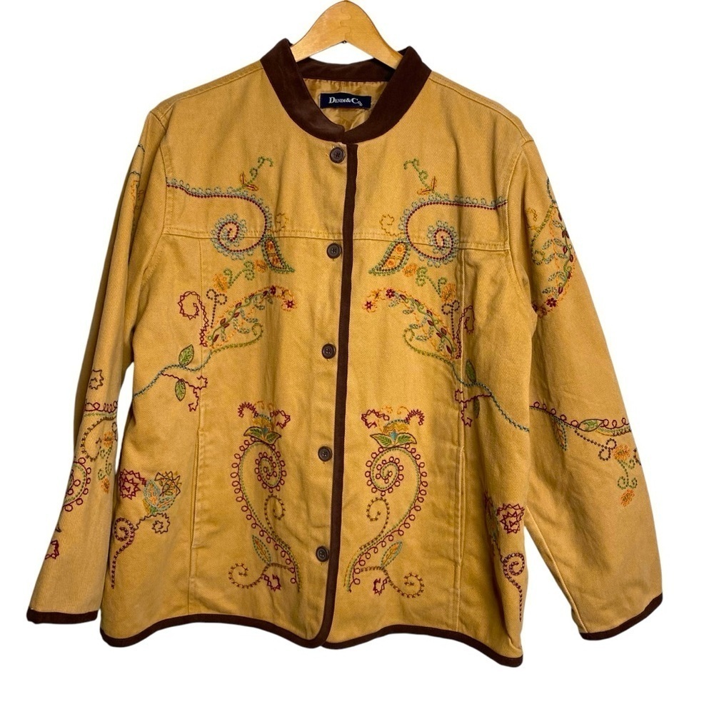 Denim & Co beige Denim Duck barn jacket Paisley embroidery Cottagecore XL - Picture 2 of 10